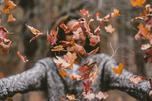 jesenné fotografické nápady pre inštagram - dievča hodí lístie do lesa